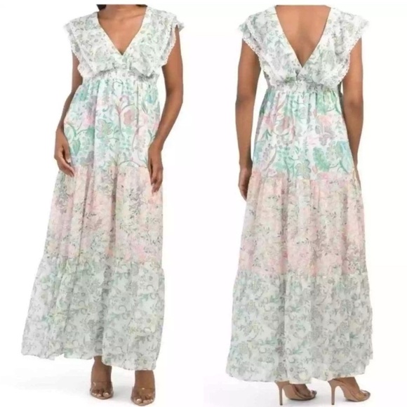 House Of Harlow 1960 x Revolve Tiered Ruffle Pastel Paisley Maxi Dress size  med